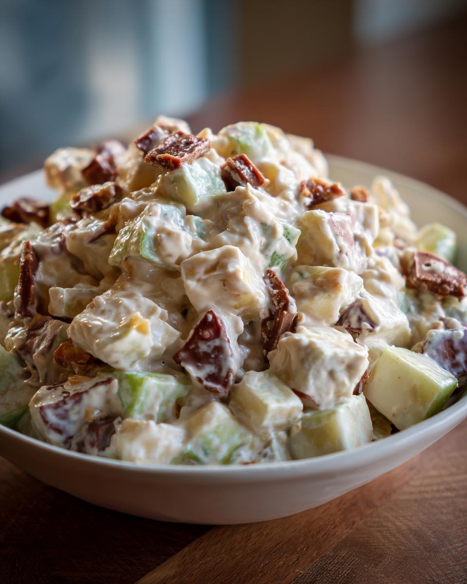 A bowl of Snickers apple salad, featuring diced apples, Snickers pieces, and a creamy dressing.