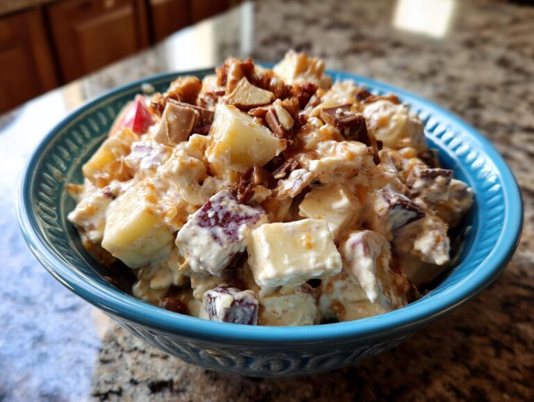 Close-up of Snickers apple salad in a blue bowl, featuring apples, Snickers pieces, and a creamy dressing.