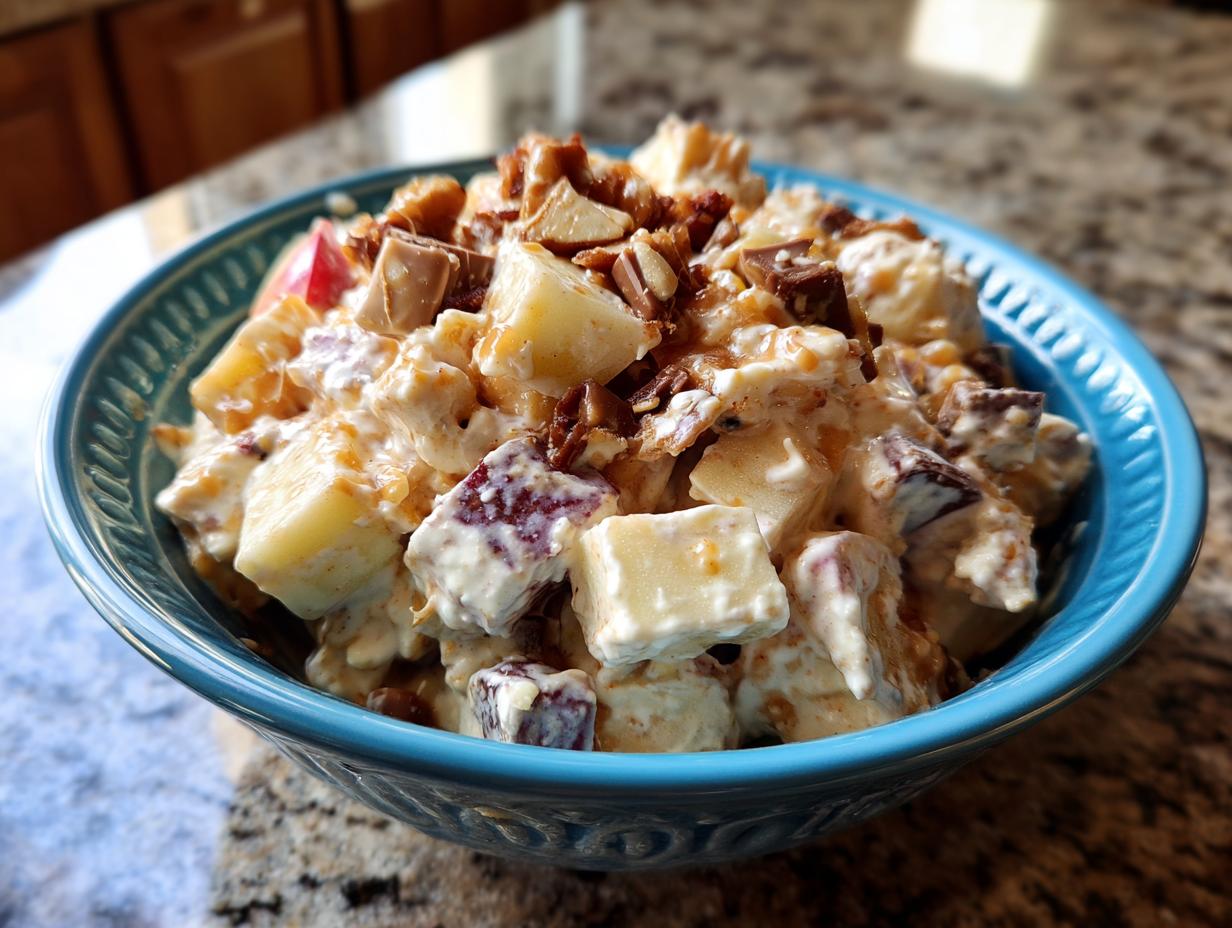 Close-up of Snickers apple salad in a blue bowl, featuring apples, Snickers pieces, and a creamy dressing.