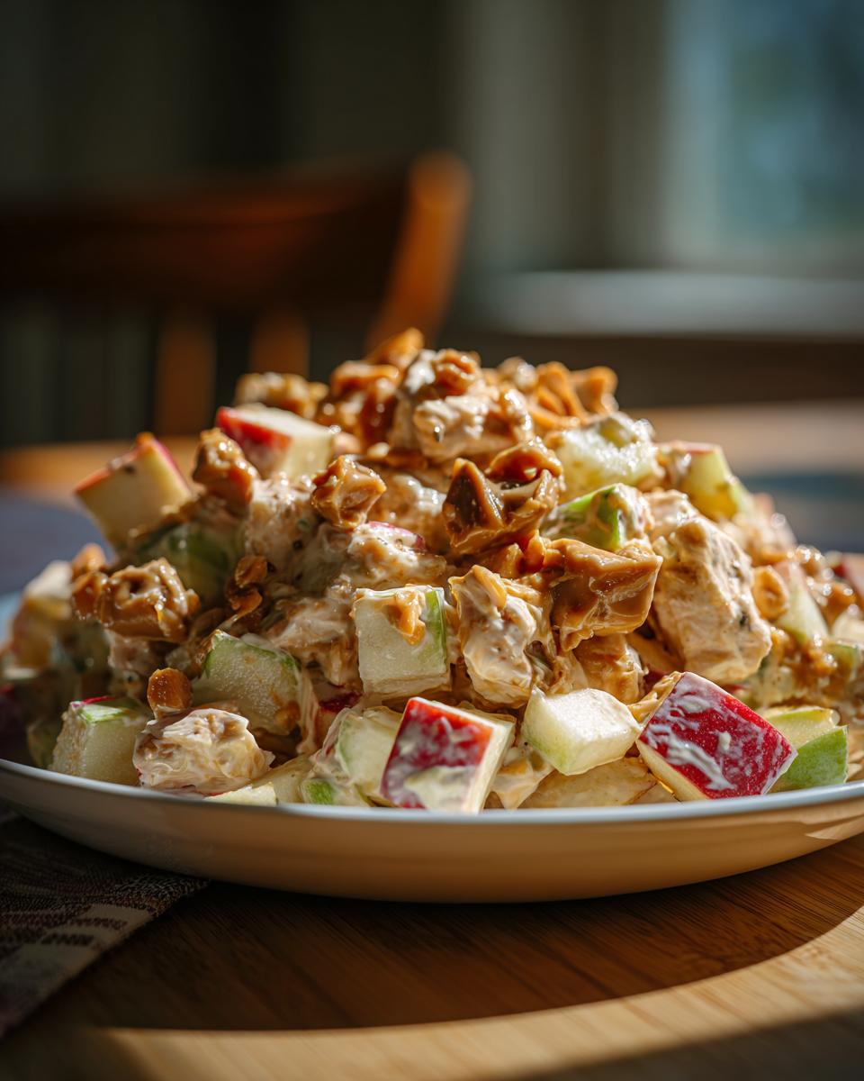 A serving of Snickers apple salad featuring apples, Snickers pieces, and creamy dressing on a white plate.