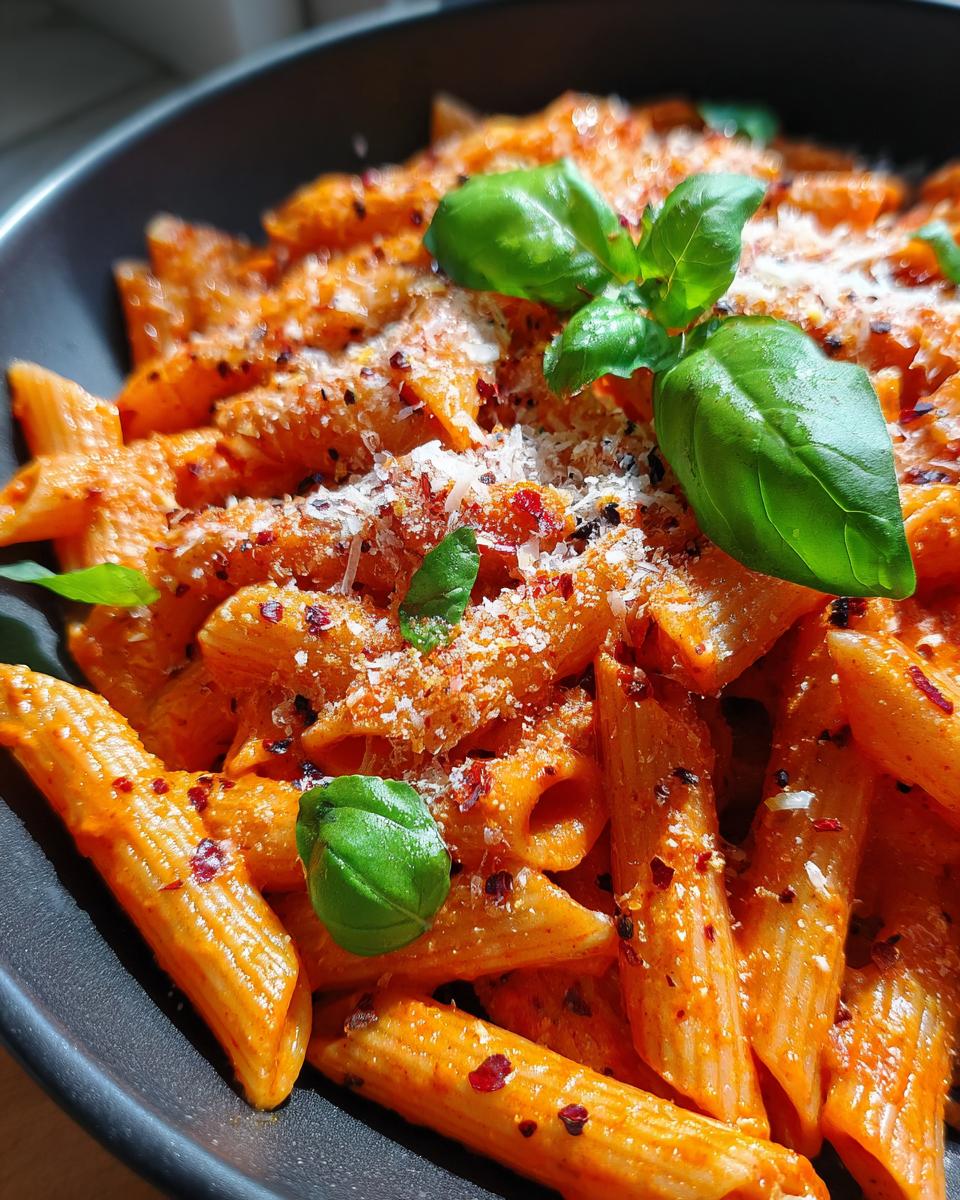 Close-up of spicy vodka pasta in a dark bowl, garnished with basil and red pepper flakes.