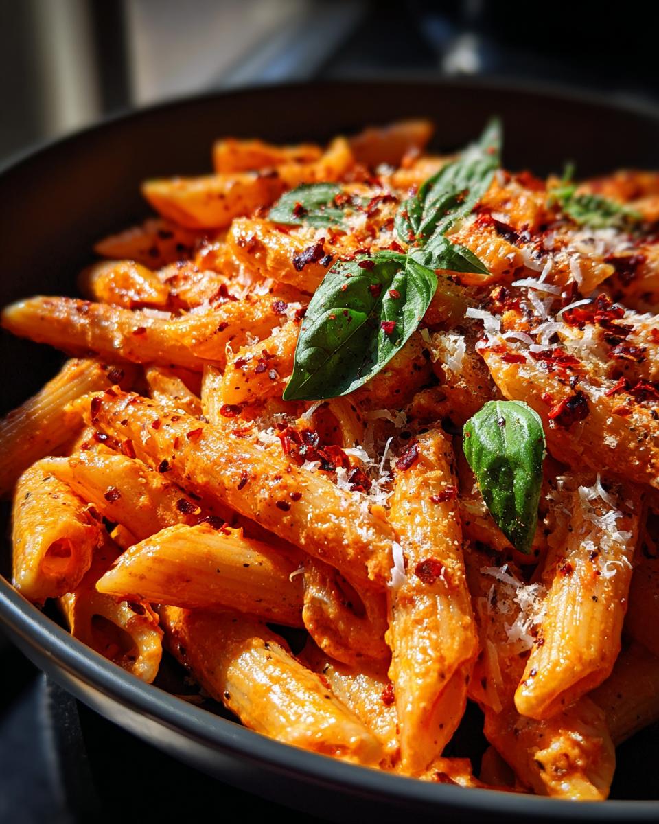 Close-up of spicy vodka pasta in a bowl, garnished with fresh basil, red pepper flakes, and parmesan cheese.