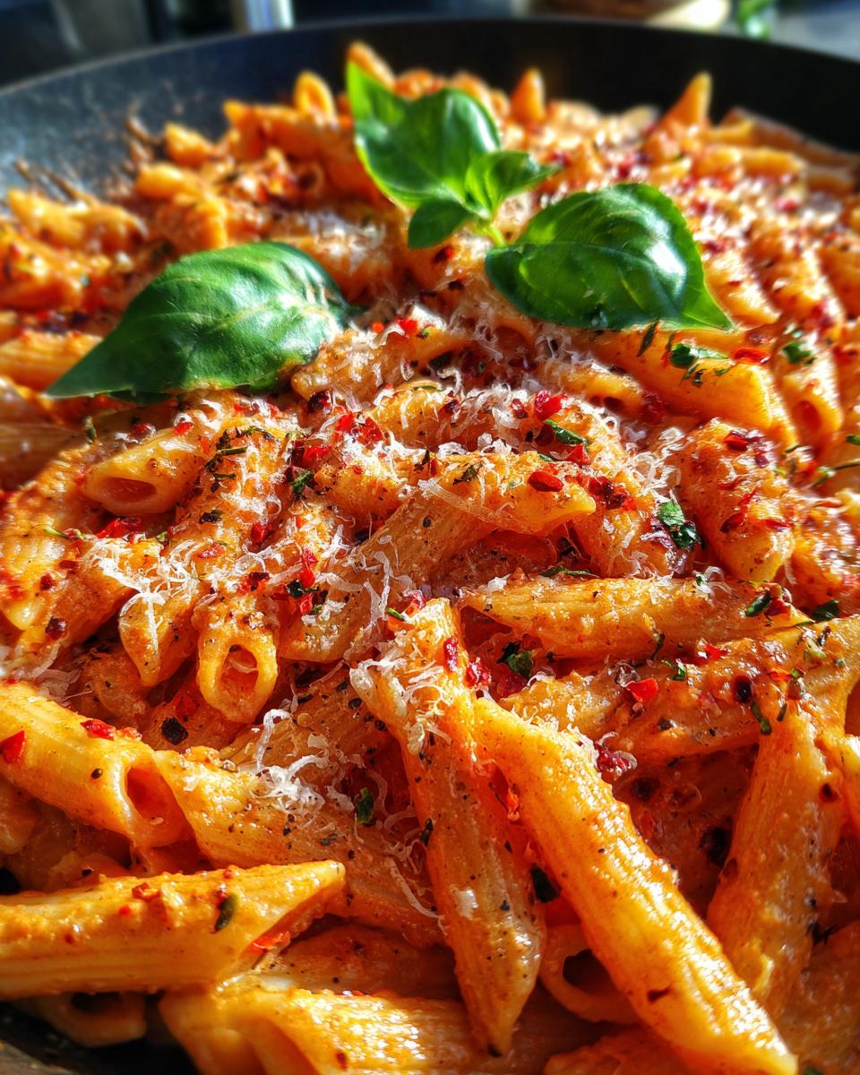A close-up of spicy vodka pasta, topped with fresh basil, parmesan, and red pepper flakes.