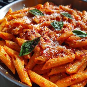 Close-up of spicy vodka pasta with penne, tomato sauce, parmesan cheese, red pepper flakes, and basil leaves.