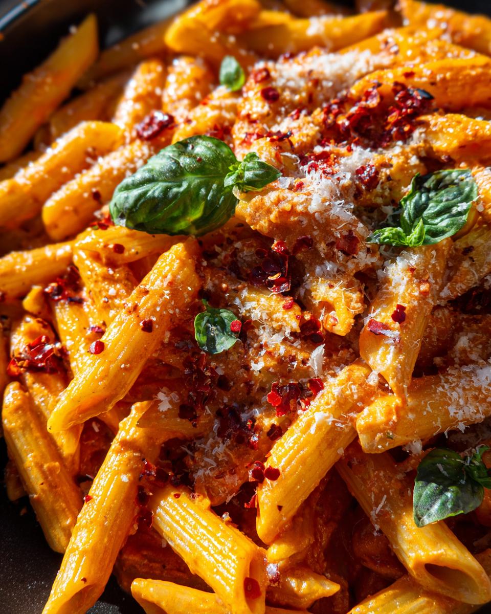 Close-up of spicy vodka pasta with penne, red pepper flakes, parmesan, and fresh basil.