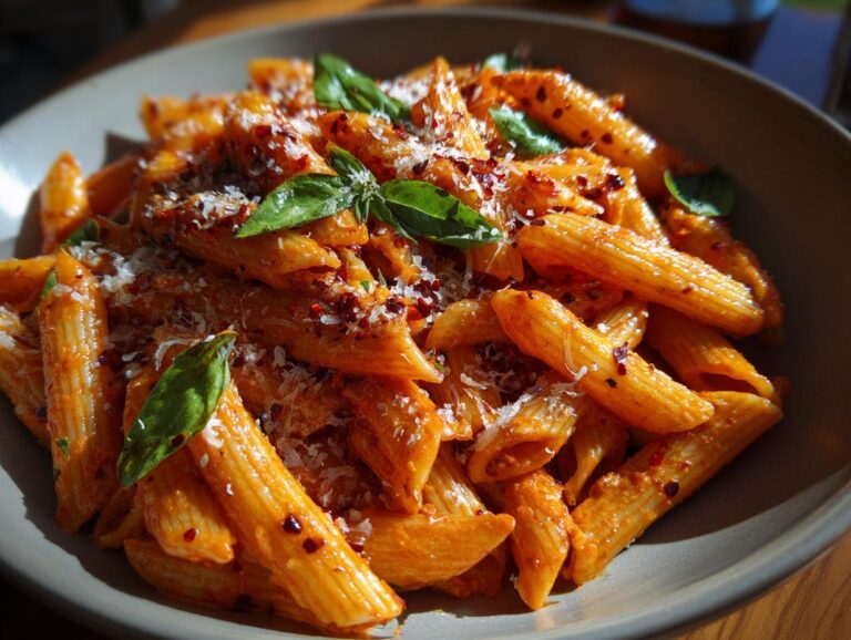 A plate of spicy vodka pasta, garnished with fresh basil leaves, parmesan cheese, and red pepper flakes.