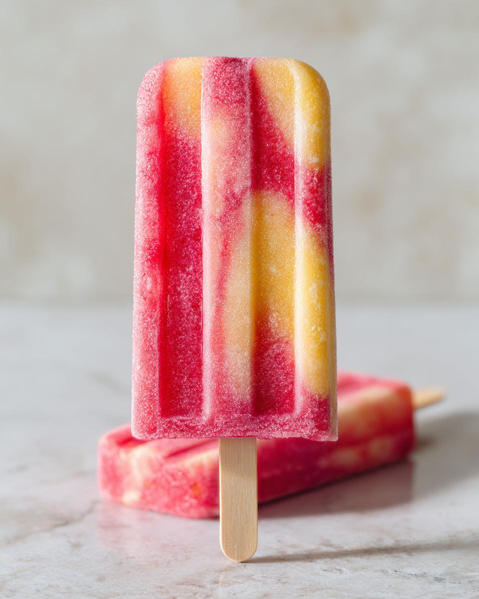 Close-up of a homemade Strawberry Lemonade Popsicle with red and yellow swirls, standing upright.