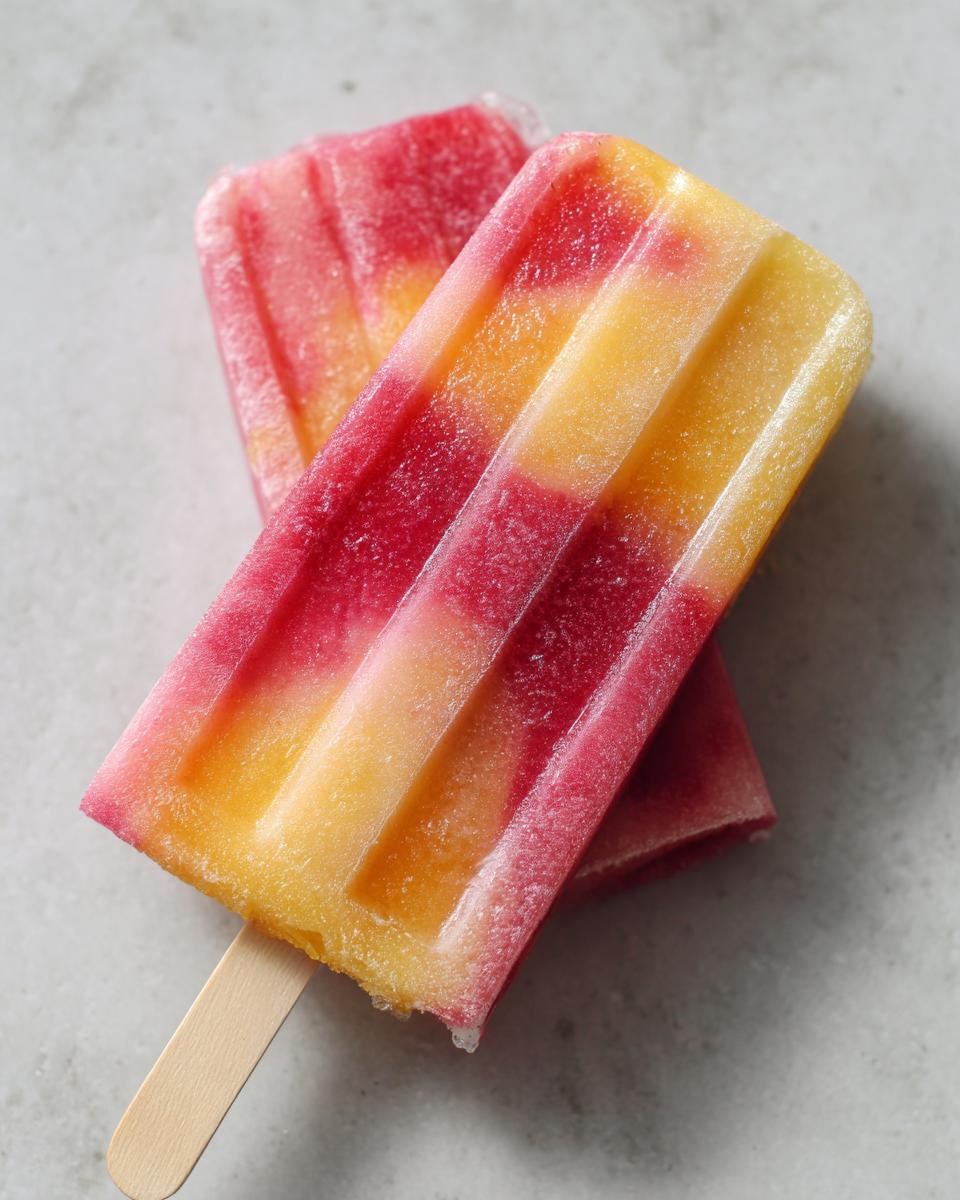 Two homemade Strawberry lemonade popsicles with vibrant red and yellow stripes, perfect for a summer treat.