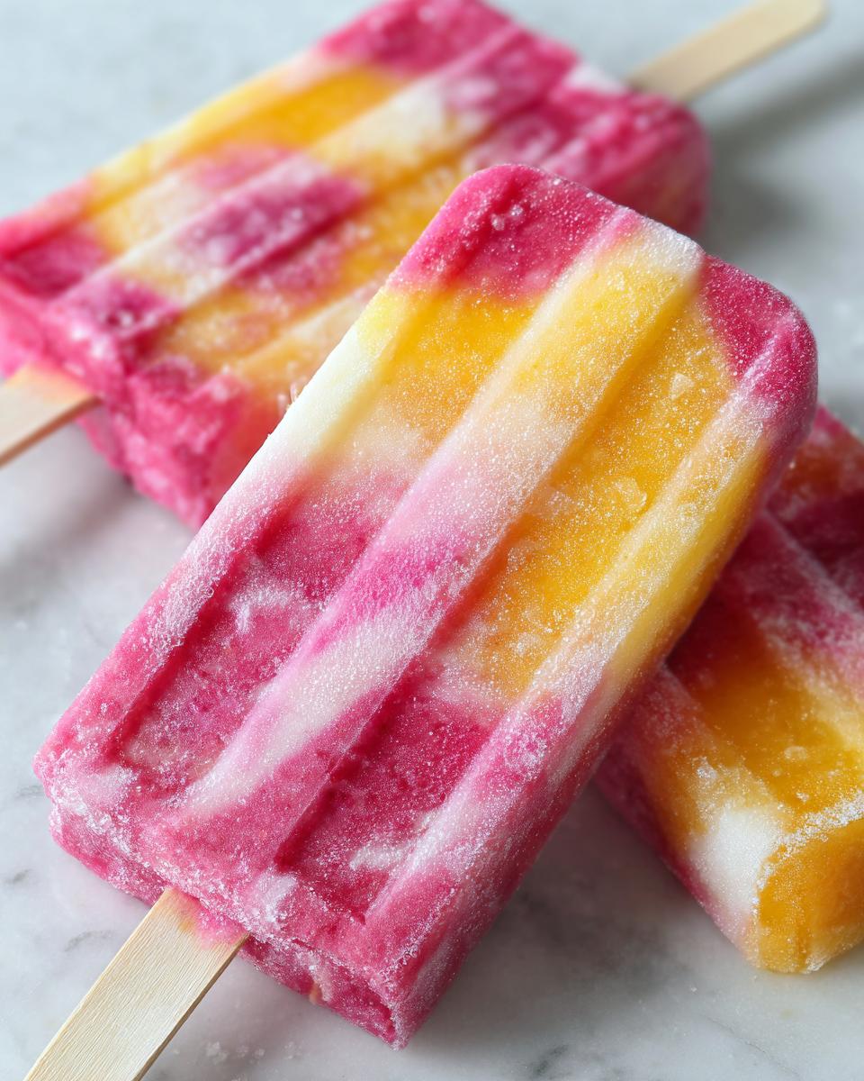 Three homemade Strawberry lemonade popsicles with pink, white, and yellow layers on a marble surface.