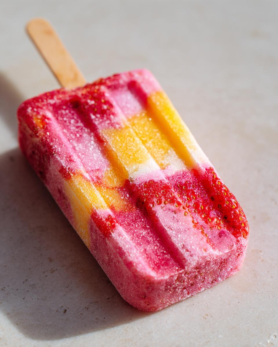 Close-up of a colorful Strawberry Lemonade Popsicle with strawberry, lemon, and white layers.