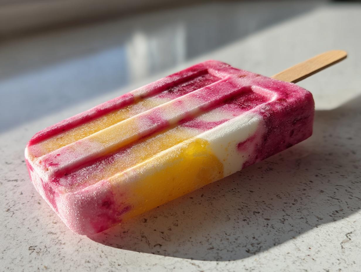 A single Strawberry Lemonade Popsicle with layered colors on a white counter, ready to eat.