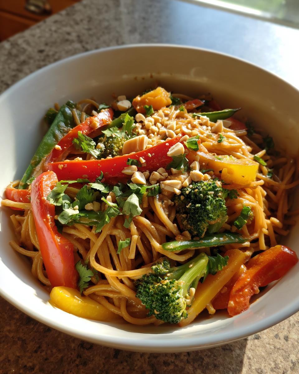 Close-up of a bowl of Thai peanut noodles with vegetables, including broccoli, peppers, and a peanut garnish.