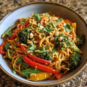A vibrant bowl of Thai peanut noodles with vegetables, including broccoli, peppers, and cilantro, topped with chopped peanuts.