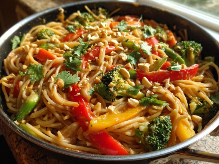 A pan of flavorful Thai peanut noodles with vegetables, including broccoli, peppers, and cilantro, topped with chopped peanuts.