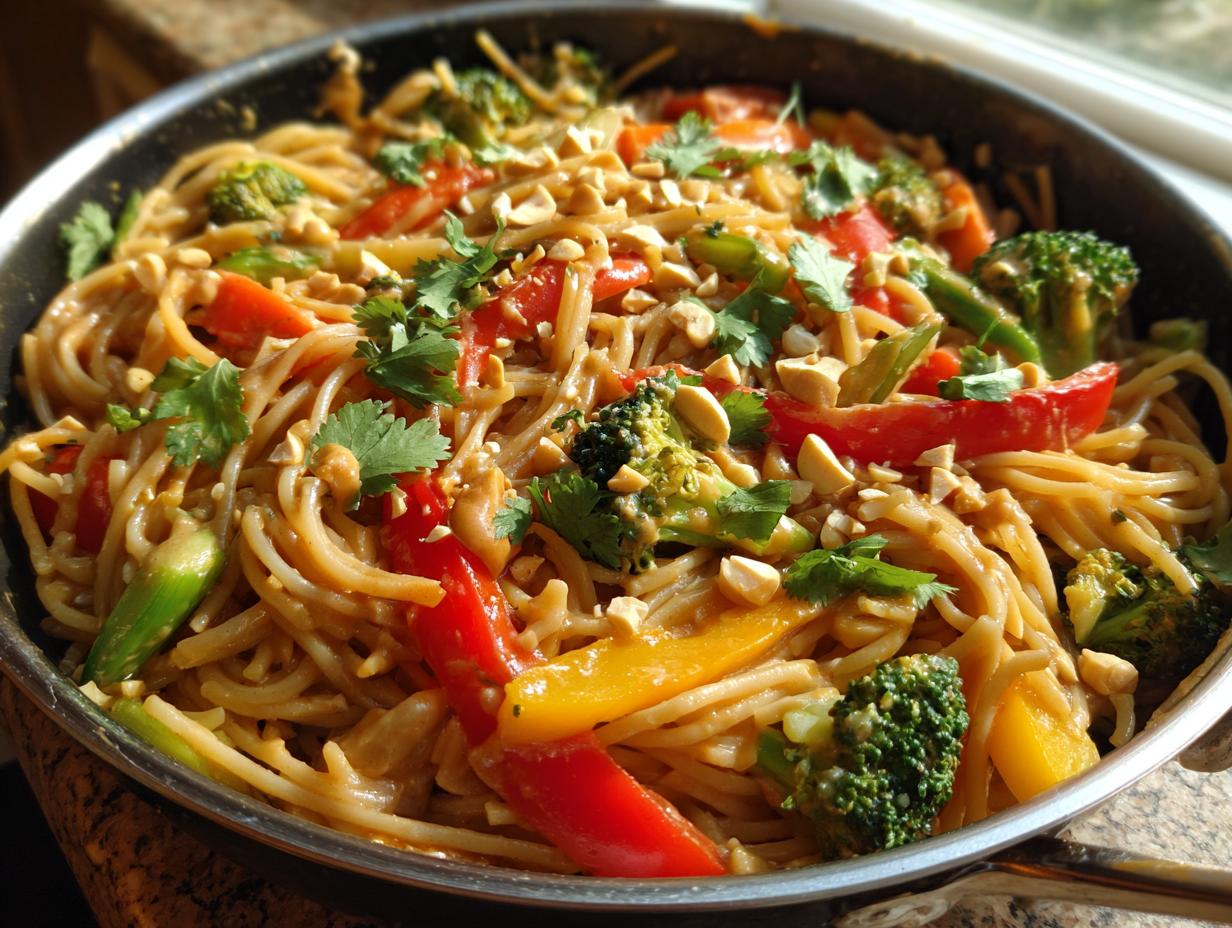 A pan of flavorful Thai peanut noodles with vegetables, including broccoli, peppers, and cilantro, topped with chopped peanuts.