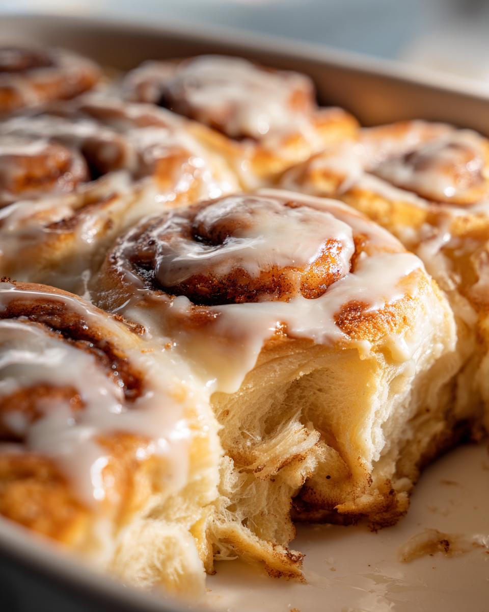 Close-up of freshly baked TikTok cinnamon rolls with creamy icing in a baking pan, one roll partially eaten.