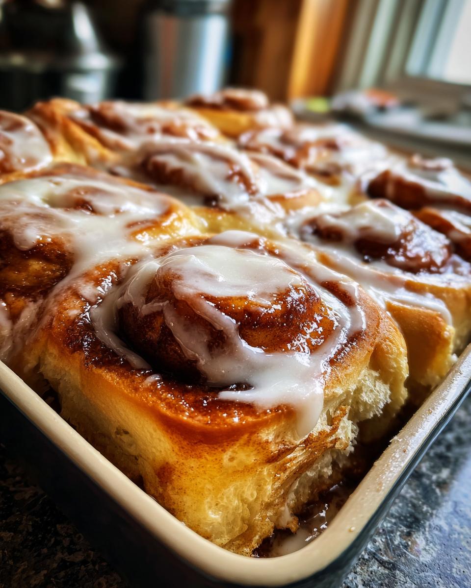 Close-up of freshly baked TikTok cinnamon rolls in a baking dish, topped with creamy white icing.