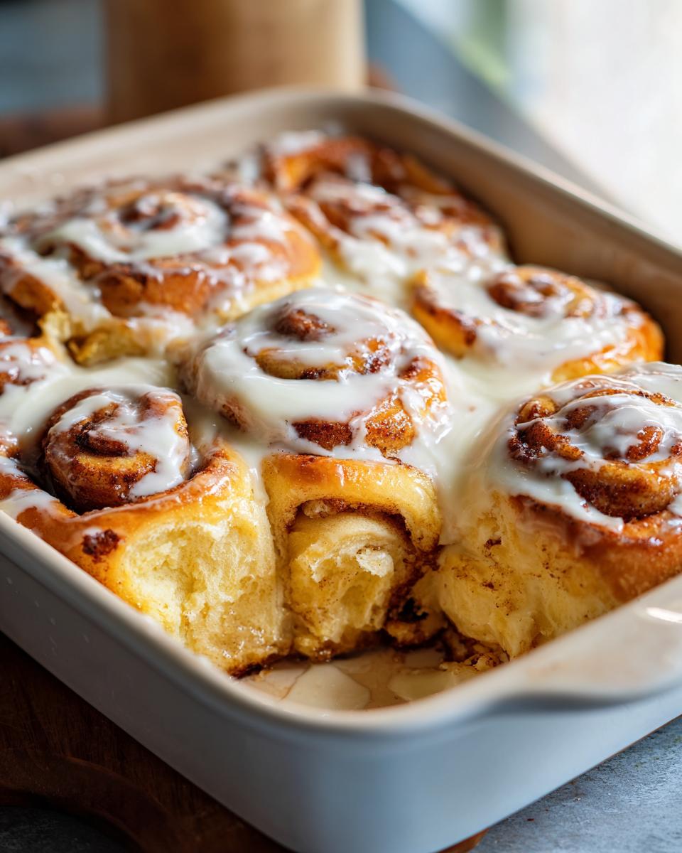 Freshly baked TikTok cinnamon rolls with creamy white icing in a square baking dish.