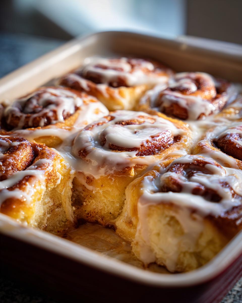 Close-up of freshly baked TikTok cinnamon rolls with white icing in a baking pan.