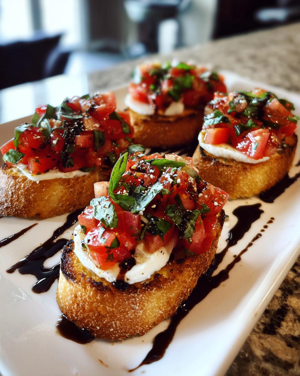 Four pieces of tomato bruschetta with mozzarella, basil, and balsamic glaze on a white plate.