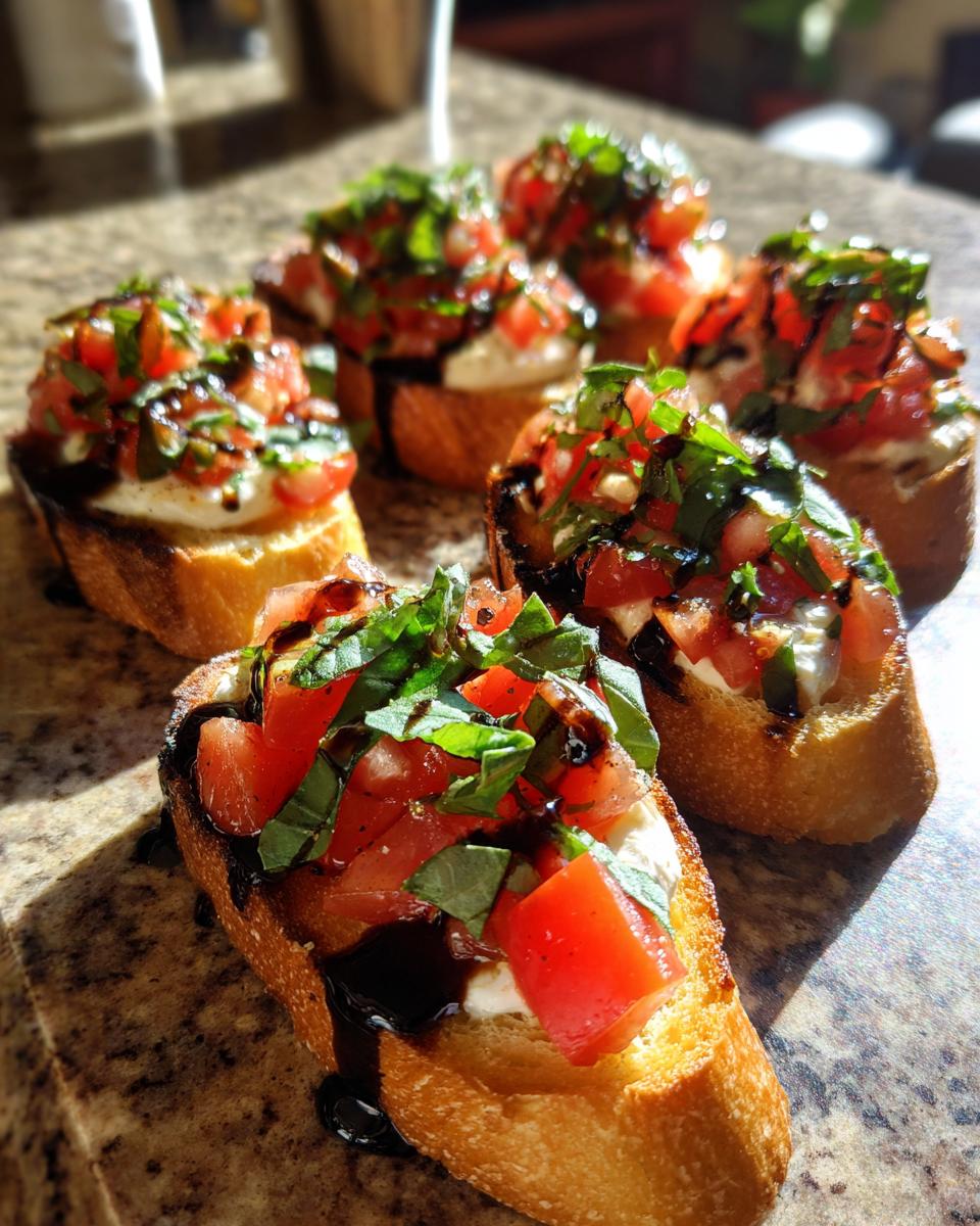 Delicious Tomato bruschetta with mozzarella appetizers, topped with fresh basil and balsamic glaze.