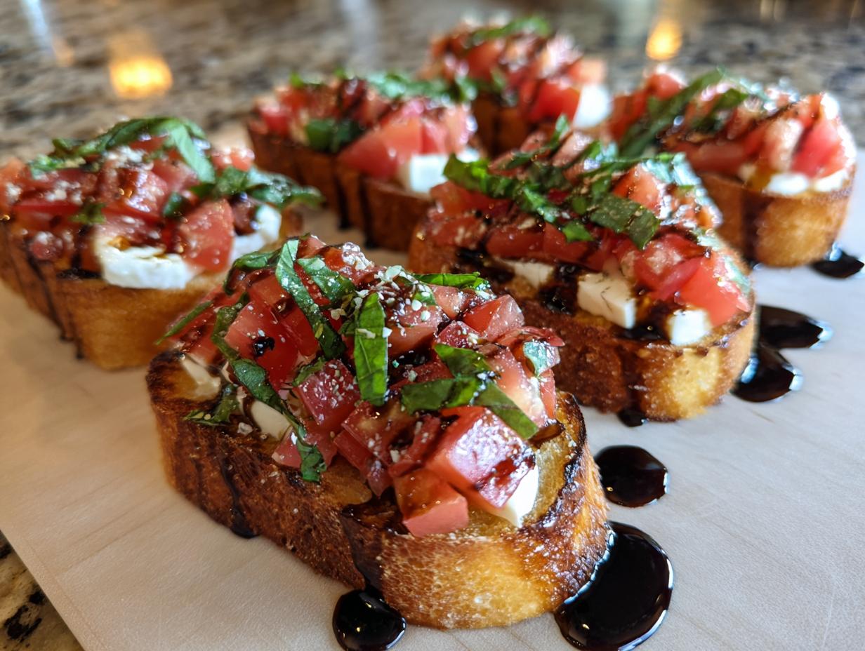 Delicious Tomato bruschetta with mozzarella, basil, and balsamic glaze on toasted bread, ready to serve.