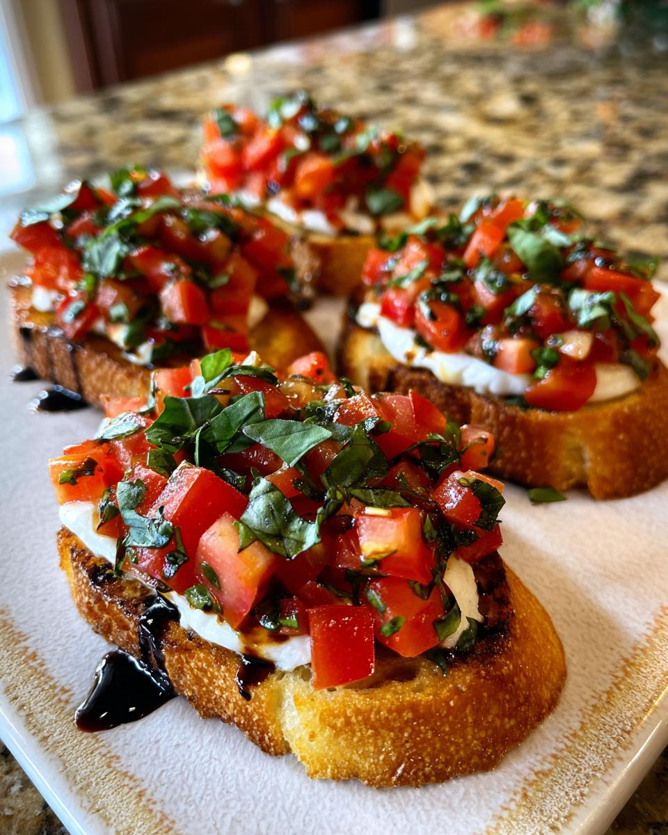 Close-up of tomato bruschetta with mozzarella, basil, and balsamic glaze on toasted bread.