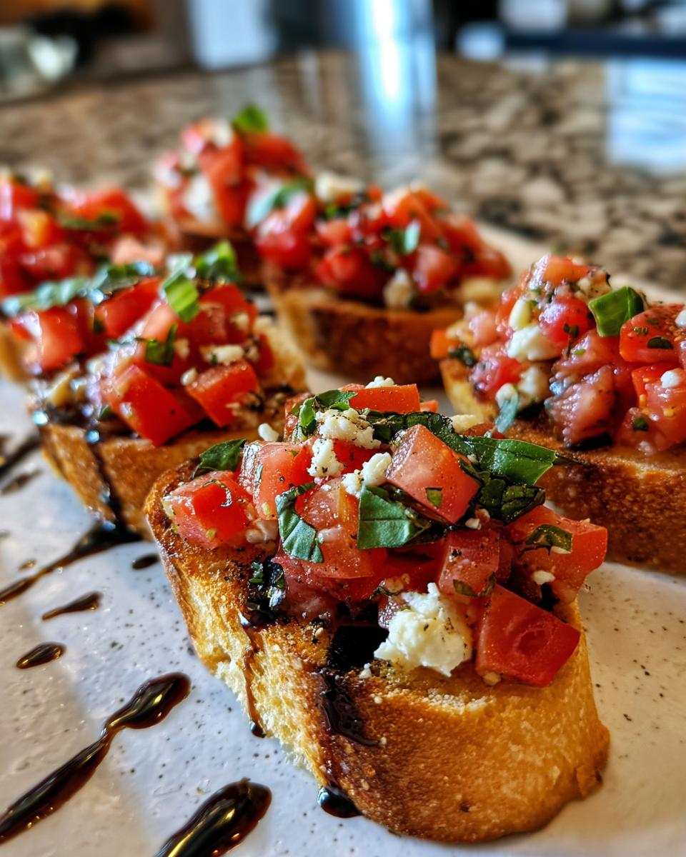 Close-up of Tomato bruschetta with mozzarella, featuring toasted bread topped with tomatoes, basil, and mozzarella.