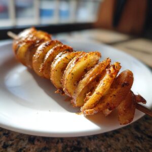Close-up of a seasoned tornado potato on a stick, served on a white plate.
