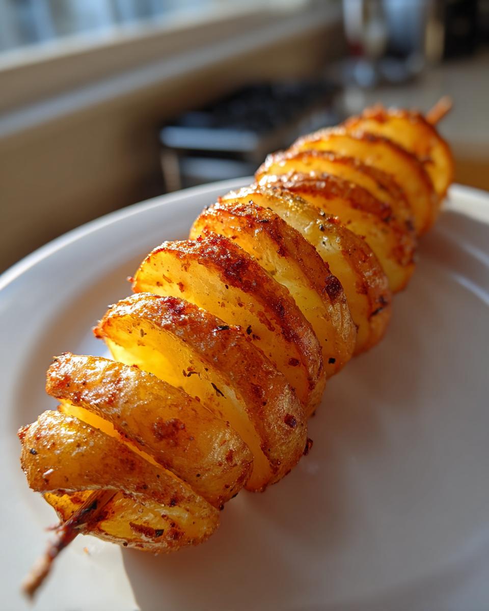 Close-up of a golden-brown tornado potato on a stick, seasoned and ready to eat.