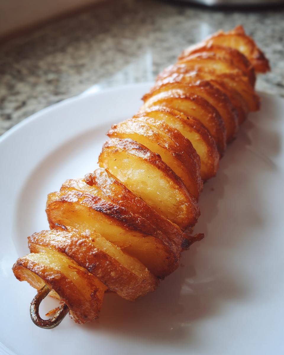 Close-up of a golden brown tornado potato on a stick, served on a white plate. Crispy and delicious!
