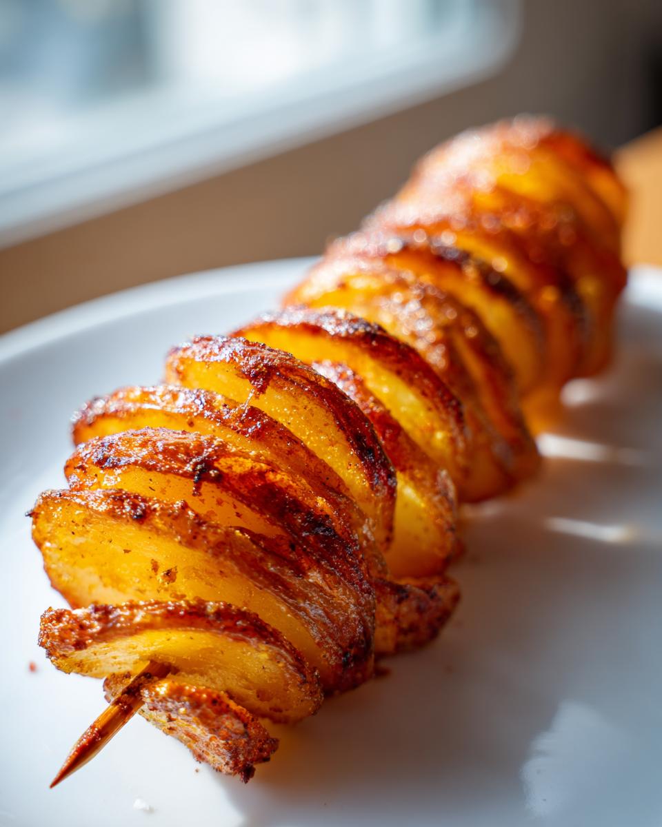 Close-up of a golden-brown tornado potato spiraled on a stick, resting on a white plate.