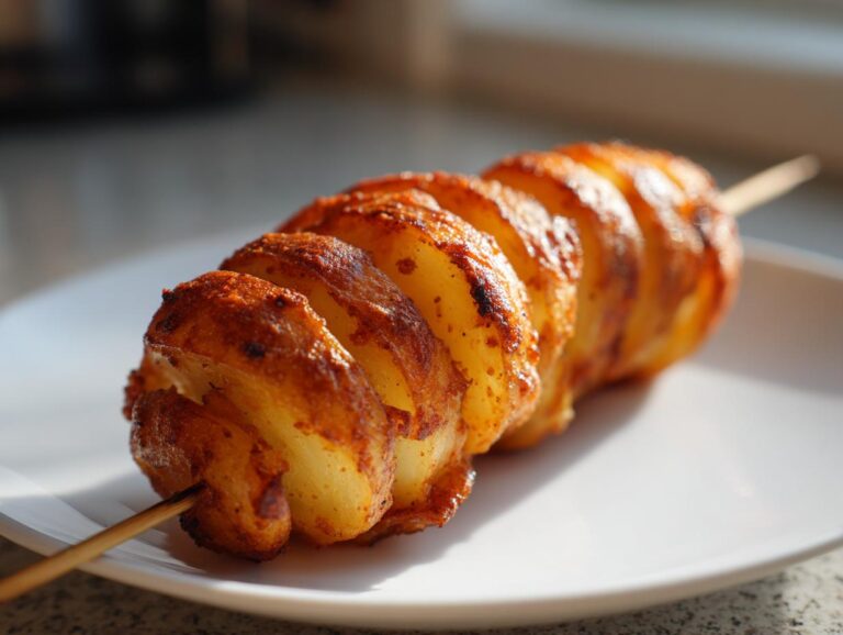 Close-up of a golden-brown tornado potato spiraled on a wooden skewer, sitting on a white plate.