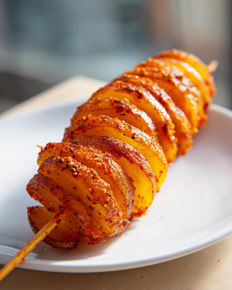 Close-up of a crispy tornado potato, spiraled on a skewer and seasoned with spices.
