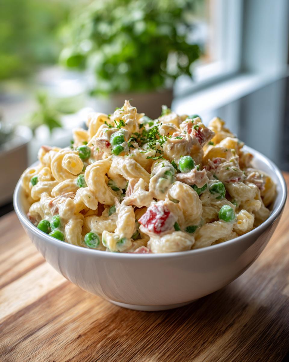 Bowl of Tuna pasta salad with elbow macaroni, tuna, peas, and creamy dressing, garnished with parsley.