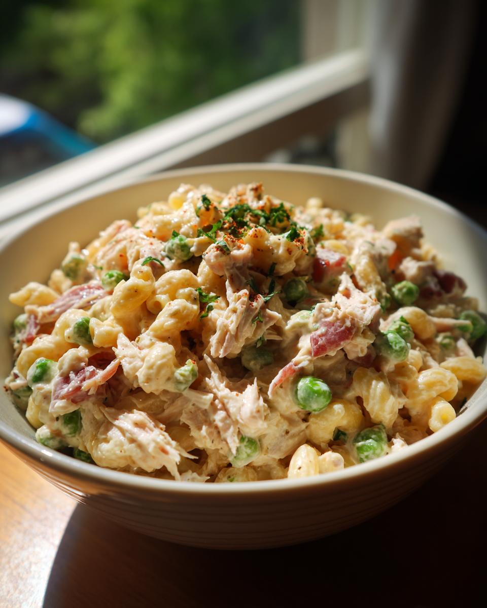 A bowl of creamy tuna pasta salad with peas and herbs, ready to be served. Perfect for a picnic!