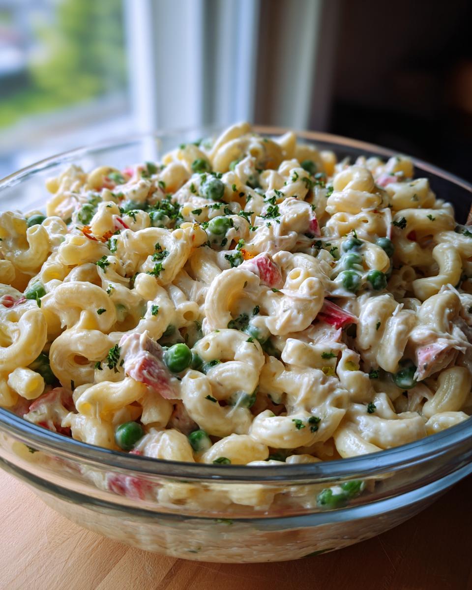 Close-up of creamy tuna pasta salad in a glass bowl, featuring elbow macaroni, tuna, peas, and herbs.