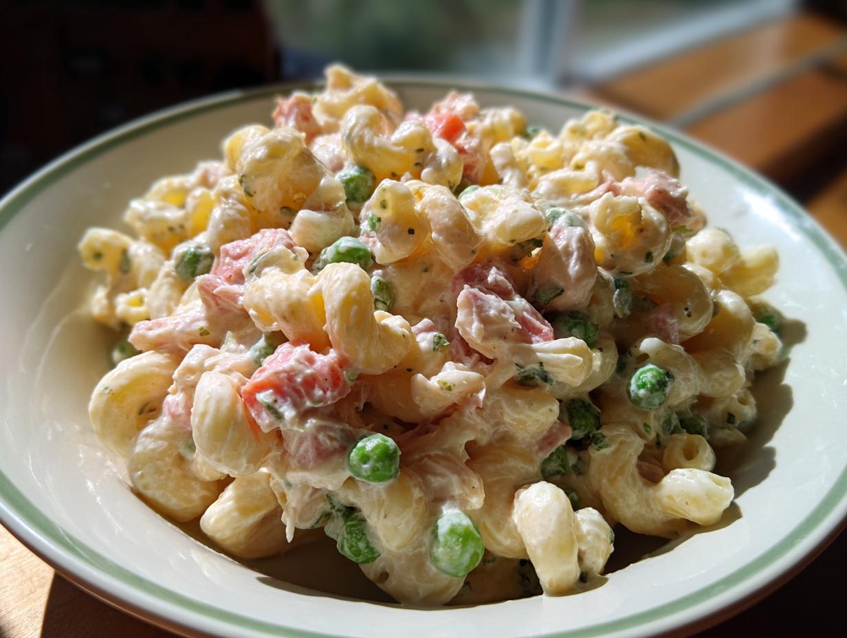 A bowl of creamy tuna pasta salad with elbow macaroni, tuna, peas, and diced vegetables.