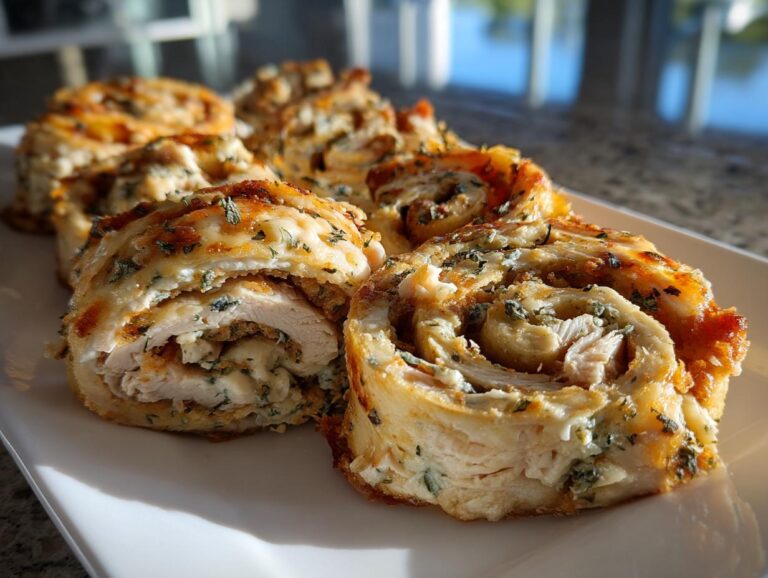 Close-up of tasty Turkey and cheese pinwheels on a white plate, garnished with herbs.