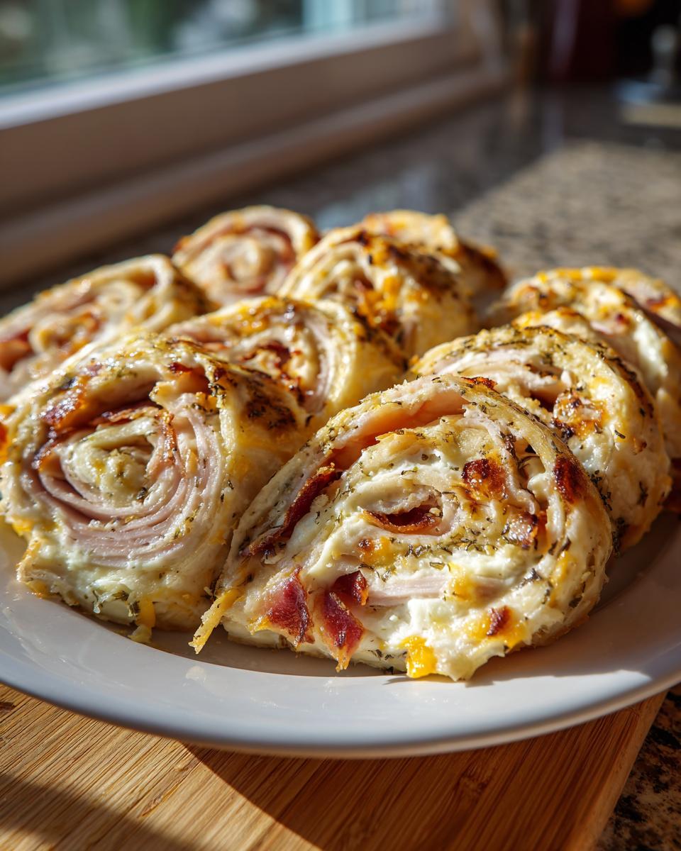 A plate of freshly prepared Turkey and cheese pinwheels, showcasing the layers of turkey, cheese, and herbs.