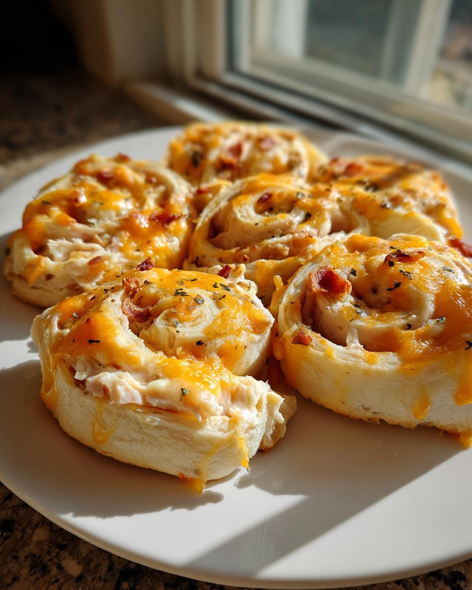A plate of freshly baked turkey and cheese pinwheels, golden brown and garnished with herbs.