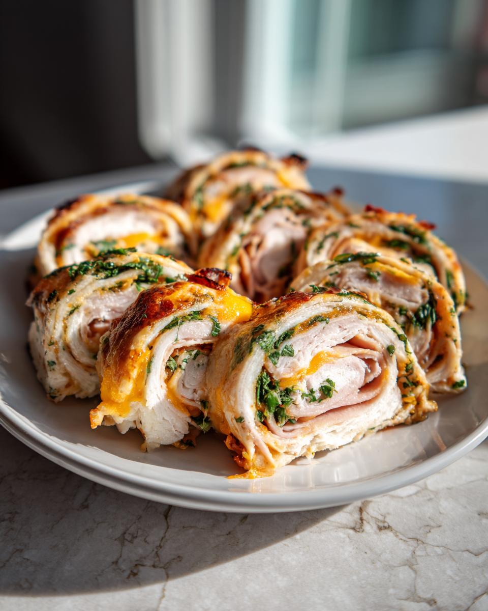 A plate of sliced turkey and cheese pinwheels, showcasing the layers of turkey, cheese, and herbs.