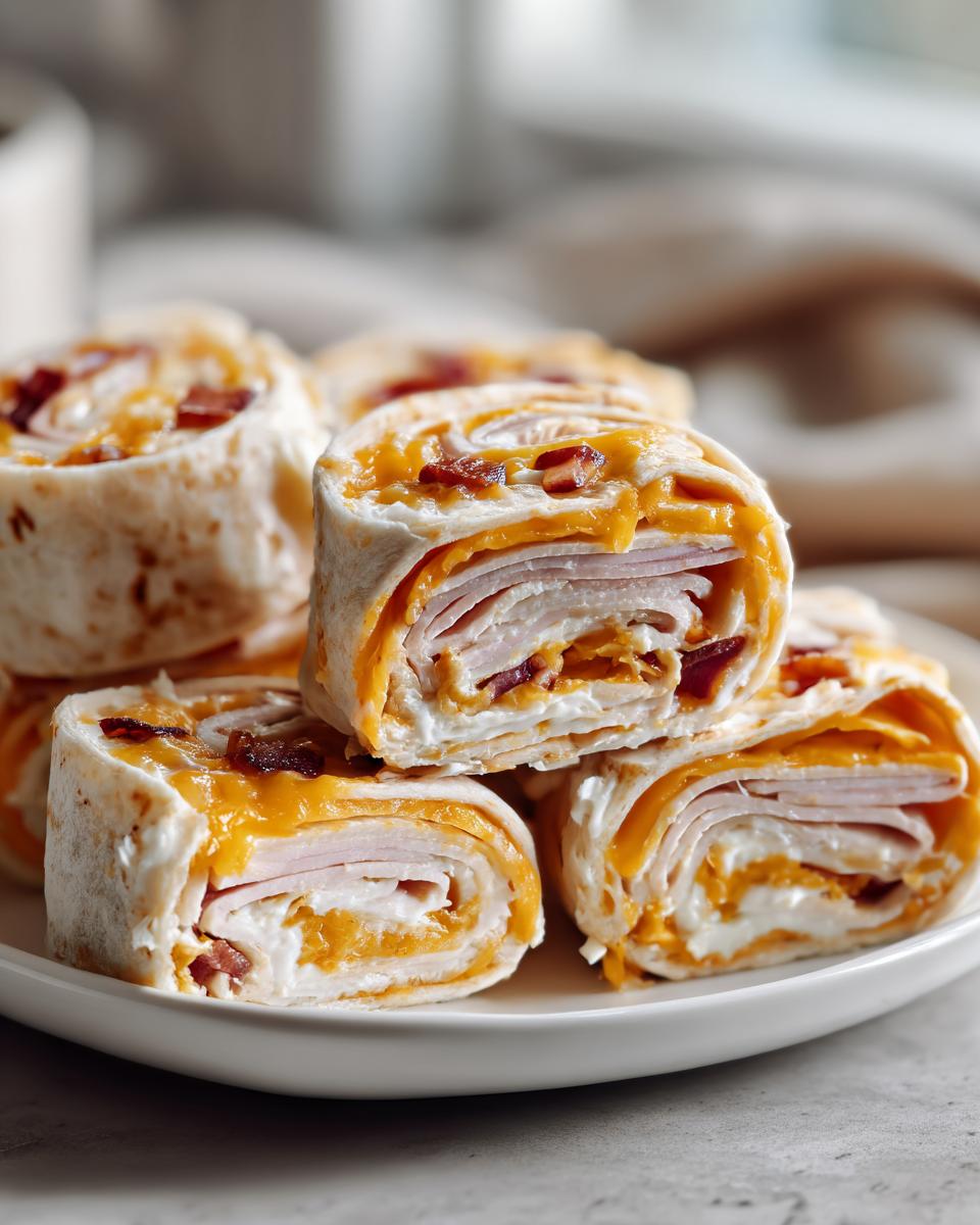A stack of tasty Turkey and cheese pinwheels on a white plate, showcasing the layers of turkey, cheese, and creamy filling.