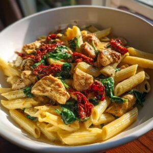 A bowl of Tuscan chicken pasta with penne, chicken, spinach, and sun-dried tomatoes.