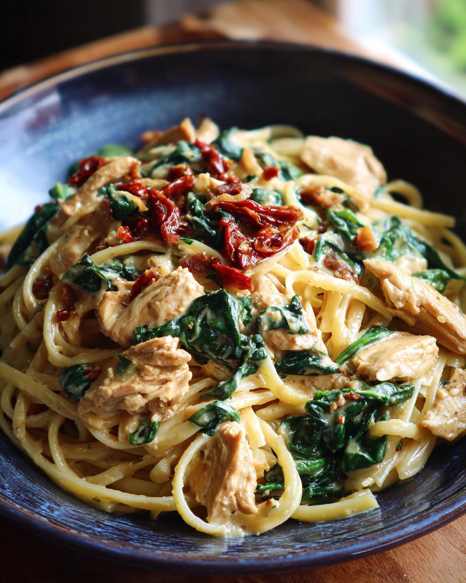 Close-up of Tuscan chicken pasta in a bowl, featuring creamy sauce, spinach, sun-dried tomatoes, and chicken.