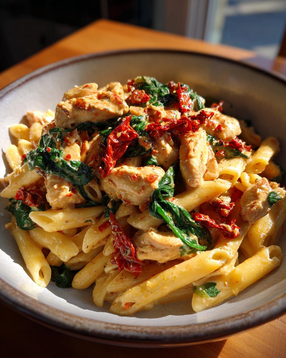 A bowl of creamy Tuscan chicken pasta with penne, spinach, sun-dried tomatoes, and chicken.
