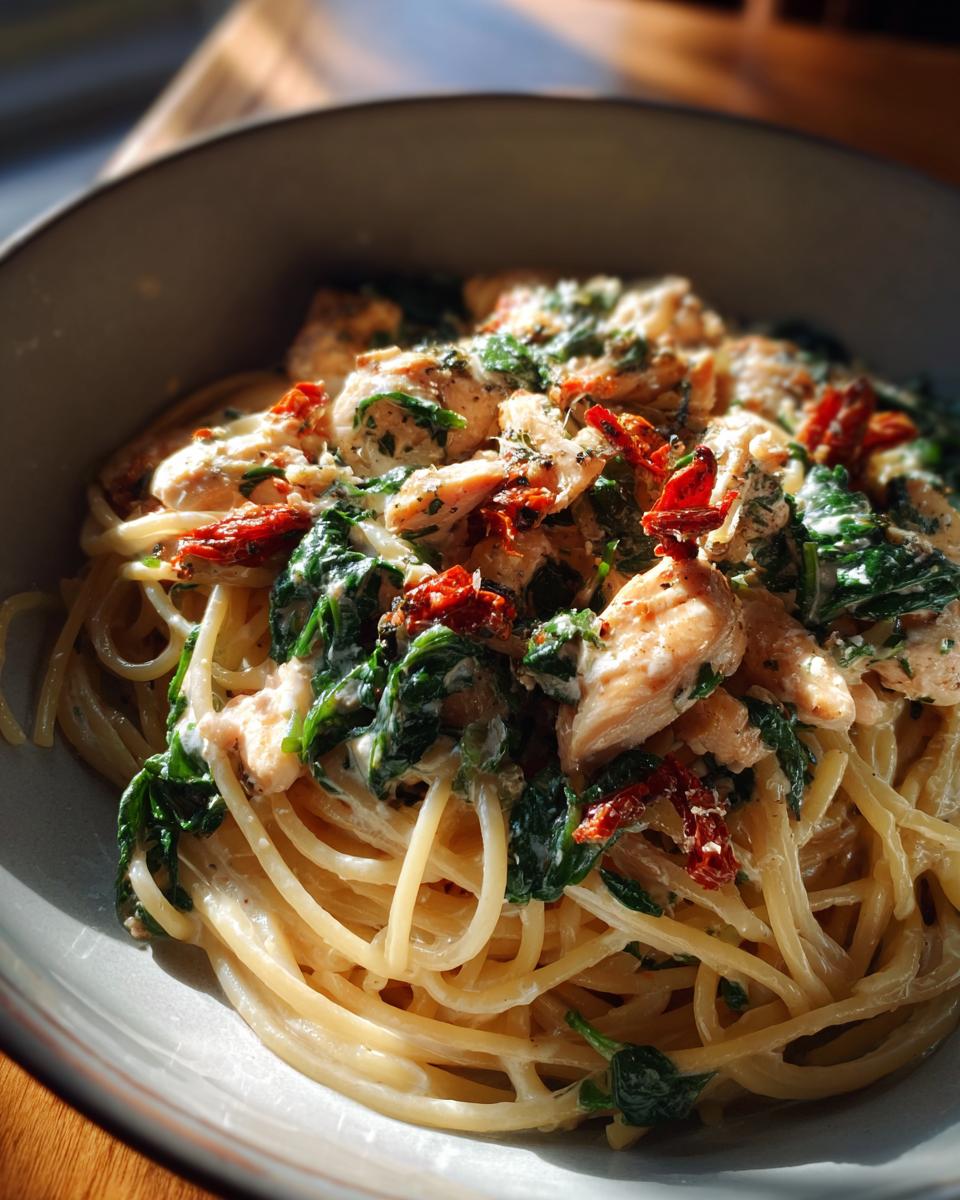 A bowl of creamy Tuscan chicken pasta with spinach and sun-dried tomatoes.