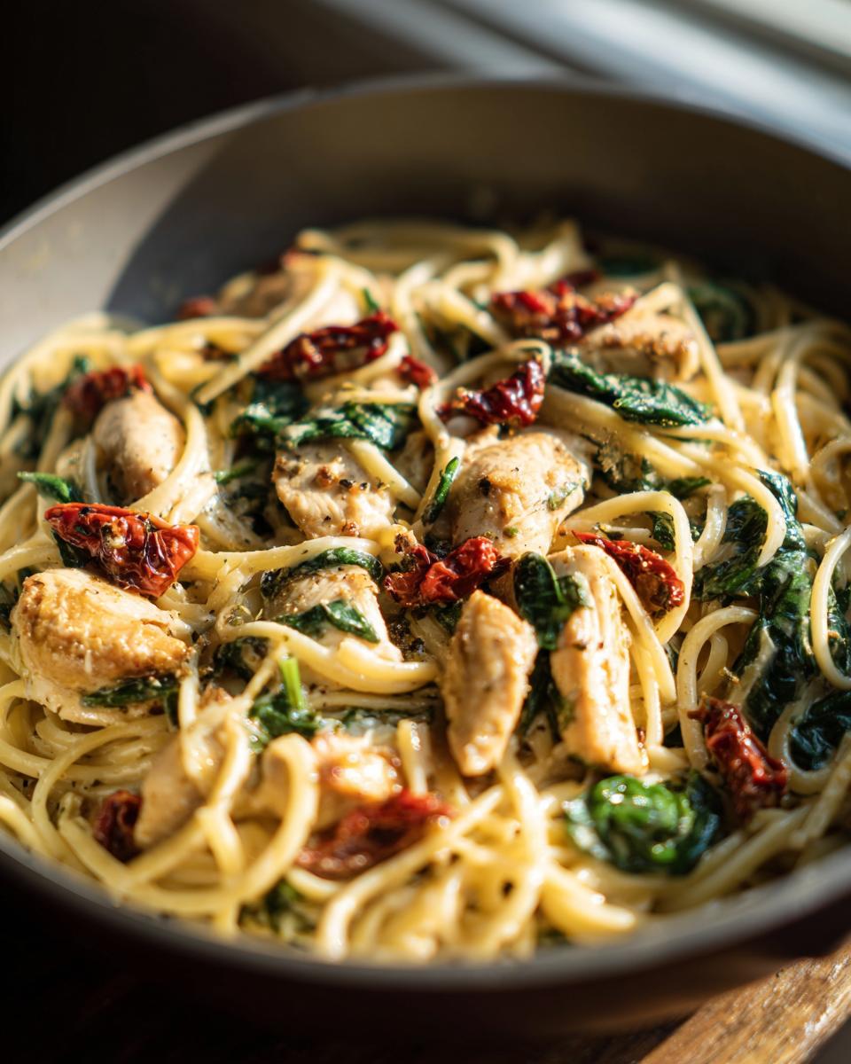 Close-up of Tuscan chicken pasta featuring spaghetti, chicken, spinach, and sun-dried tomatoes in a creamy sauce.