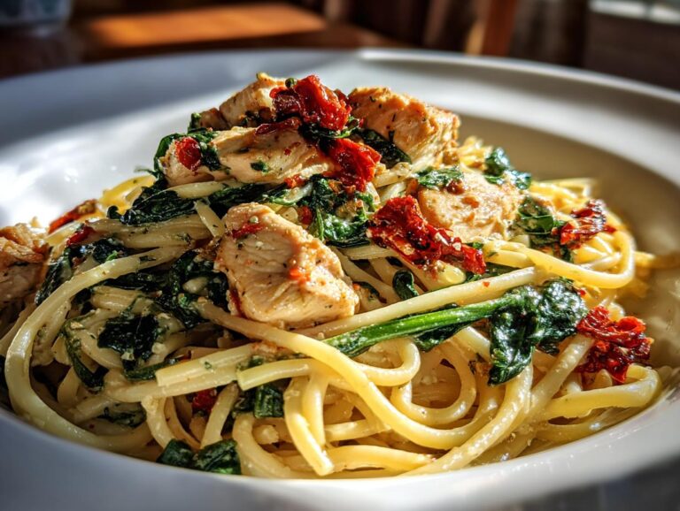 A bowl of Tuscan chicken pasta with creamy sauce, sun-dried tomatoes, and spinach.