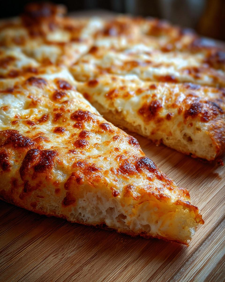 Close-up of a cheesy pizza made with two ingredient pizza dough, cut into slices on a wooden board.